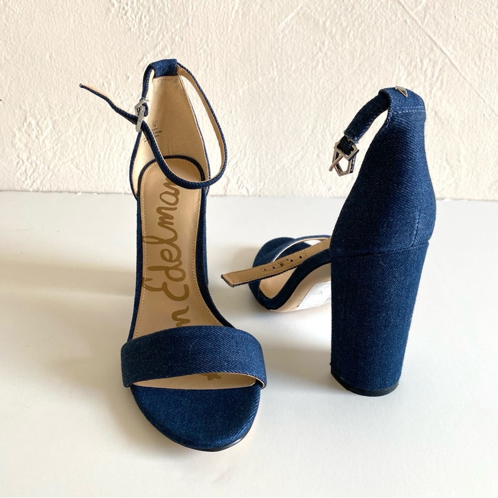 Sam Edelman Yaro Shoes 8 Navy Blue Denim Ankle Strap Block Heels Open Toes NWOT - Picture 4 of 16